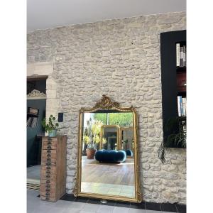 Antique Louis XV Style Mirror 157cm/104cm Gilded With Gold Leaf, Trumeau With Wood Paneling Pediment 