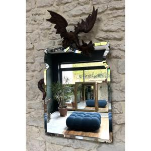 Antique Mirror With A Dragon, Carved In Wood In The Style Of Gabriel Viardot, Beveled Glass 