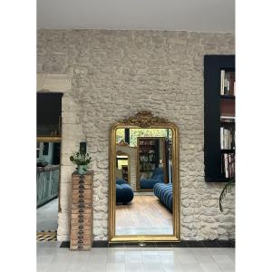 Antique Louis-philippe Mirror With Gilt Pediment And Beading, Decorated With Floral Motifs, Trumeau 