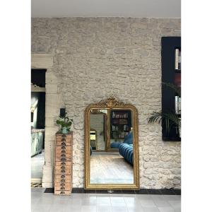 Antique Louis-philippe Mirror, 148.5/89cm, With Pediment And Gilt Beading, Trumeau Style