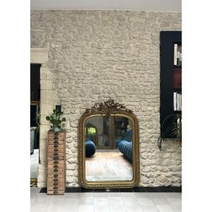 Antique Louis-philippe Mirror, 140.5/97.5cm, With Pediment And Beading, Mercury Glass, Trumeau Style
