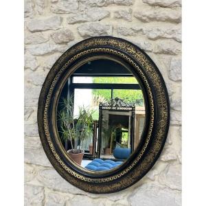 Antique Oval Mirror, 61.5/53.5cm, Napoleon III Period, Black And Gold