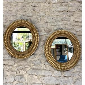Pair Of Oval Mirrors, 48/43cm, Gilded With Gold Leaf, Mercury Glass, Beautiful Gilding