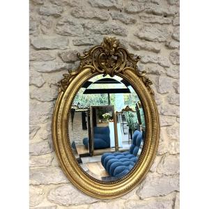 Antique Oval Mirror, 70/49.5cm, With A Pediment And Gilded Beading, Featuring Geometric Designs.