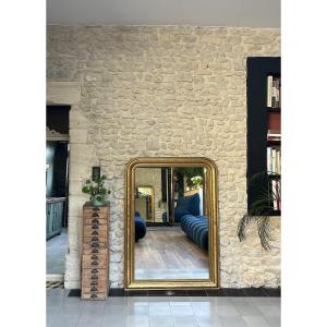 Antique Louis-philippe Mirror, 140.5/101.5cm, Beaded And Gilded With Floral Motifs, Mantelpiece Style.