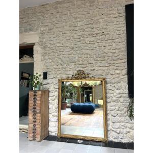 Antique Mirror 131/95.5cm With Louis XVI Style Ribbon Bow Pediment And Gilded Pearl With Gold Leaf 