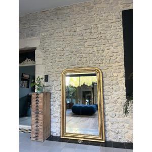 Antique Mirror, 141.5/88cm, Louis-philippe Style, Beaded And Gilded With Gold Leaf, Floral Decoration, Mercury Glass