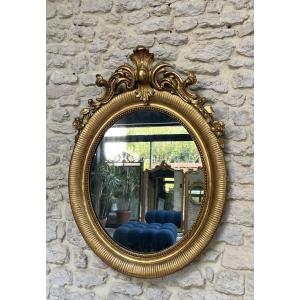 Antique Oval Mirror With Pediment, 96.5/70.5cm, Gilded With Gold Leaf, Mercury Glass 