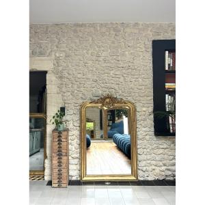 Antique 153/101cm Louis-philippe Gilded Pediment And Beaded Mirror, Trumeau
