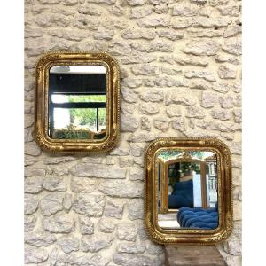 Pair Of Antique Louis-philippe Mirrors 52.5/44cm Gilded With Gold Leaf And Floral Moldings