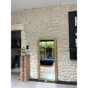 Antique Mantelpiece Mirror 158,5/74,5cm Louis-philippe Gold Leaf Engraved Decoration, Trumeau