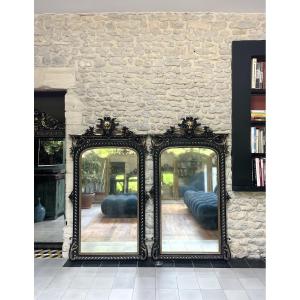 Pair Of Antique Mirrors 163/89,5 With Lion And Beaded Pediments,napoleon III Silver Leaf Mirror