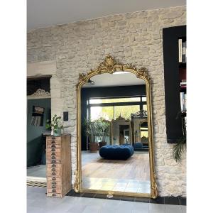 Antique Pediment Mirror 219/131cm Gilded With Gold Leaf 19th Century, Mantelpiece.