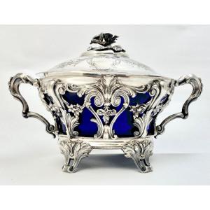Large Napoleon III Sugar Bowl, Sterling Silver, France Circa 1850, Bezel