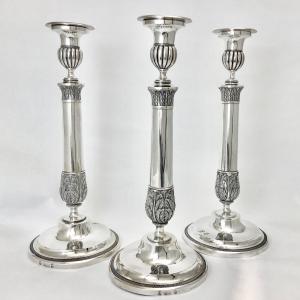 Three Empire Candlesticks , Schott, Frankfurt 1811-1822, Sterling Silver
