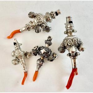 England 1850-1880, Collection Of 4 Rattles In Sterling Silver
