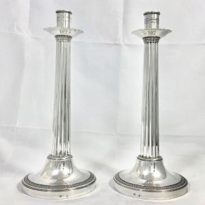 Pair Of Directoire Candlesticks, Sterling Silver, Ghent 1814-1831, Van Bosterhaudt Bernardus