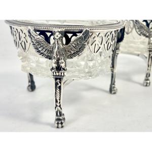 Paris 1798-1809, Two Salts And A Mustard Pot, Solid Silver And Cut Crystal, A. Mignerot