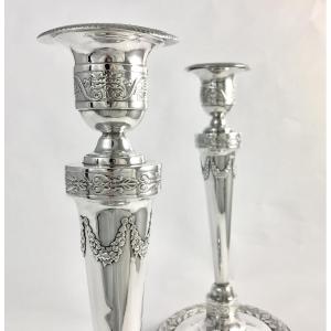 Paris 1798-1809, Solid Silver (950%), Jean-pierre-nicolas Bibron, Pair Of Empire Candlesticks