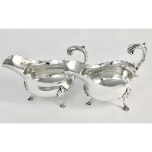 London 1772, Pair Of Georgia Sauce Boats In Sterling Silver Goldsmith William Catell