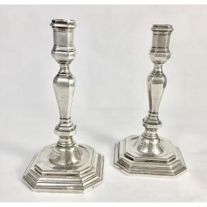 Bordeaux 1724-1725, Pair Of Louis XIV Candlesticks, Solid Silver, Antoine Roberdeau