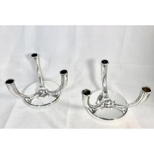 Wolfers 1935-1942, Solid Silver, Pair Of “wotan” Candelabras, Art Deco Expo Universelle Brux