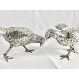 France, 950% Solid Silver, Pair Of Very Large Pheasants, Eschwege Silversmith