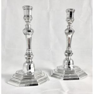 Lille 1745-1746, Solid Silver, Pair Of Candlesticks, Barthélémy F. De Courchelle