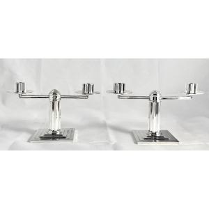 Brussels 1925-1935, Solid Silver, Delheid Frères, Art Deco, Pair Of Candelabras 