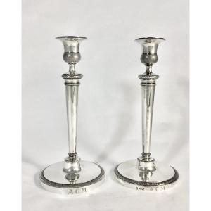 Milan 1810-1830, Solid Silver, Pair Of Traveling Candlesticks, Empire Torches 