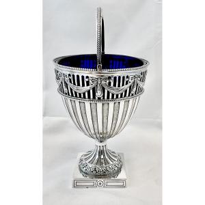London 1906, Solid Silver And Blue Crystal Sugar Vase , Georgian Style 
