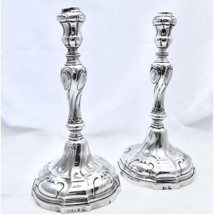 Antwerp 1772, Petrus Hoffinger, Pair Of Louis XV Style Candlesticks In Solid Silver 
