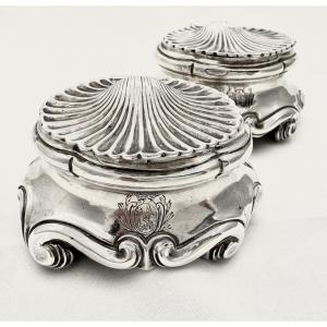 Paris 1746, Pair Of Louis XV Salt Cellars, Solid Silver, Jj. Duhamel, Baron Nau De Champlouis