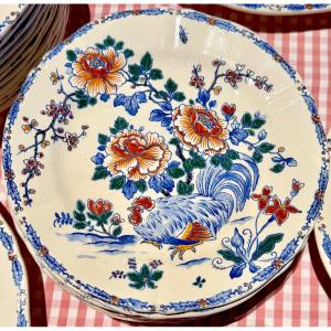 Gien Earthenware Service, 58 Pieces, "rooster With Peonies" Complete For 12