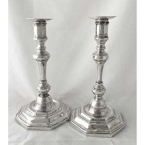 Rouen 1743-1745, Sterling Silver , Jean-baptiste Clavier, Pair Of Candlesticks