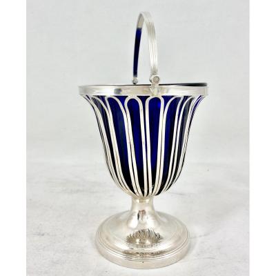 Georgian Sugar Vase , 1792 Sheffield, Sterling Silver And Blue Crystal Sugar Basket