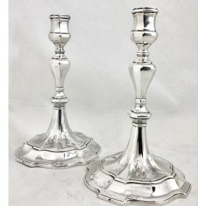 Pair Of Candlesticks, Brussels 1730-34, Solid Silver, From Trooz
