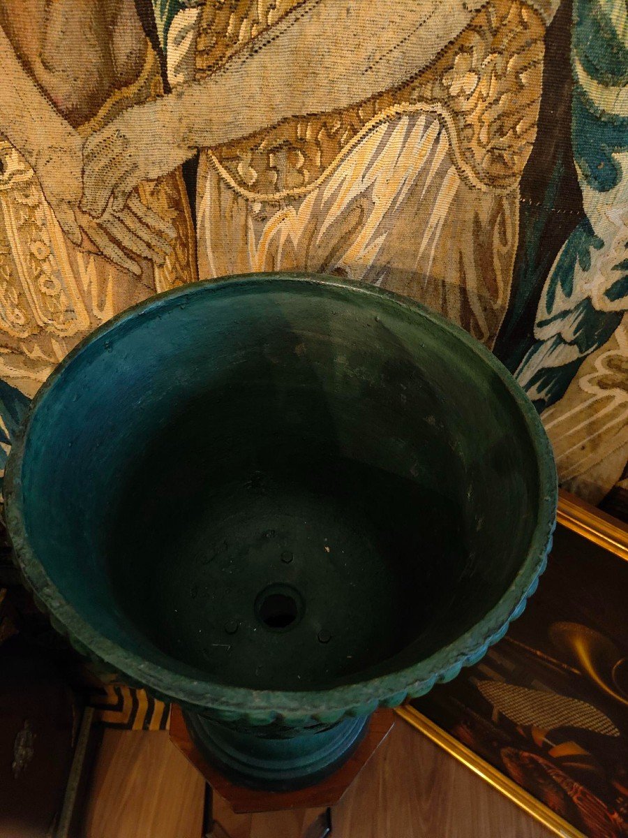  Coppia di vasi in ghisa con coperchio e colonne in legno.-photo-4