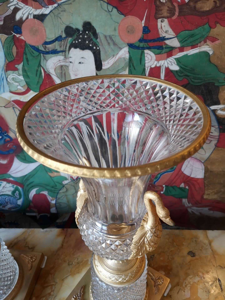 Importante coppia di Vasi in cristallo e bronzo dorato-photo-2
