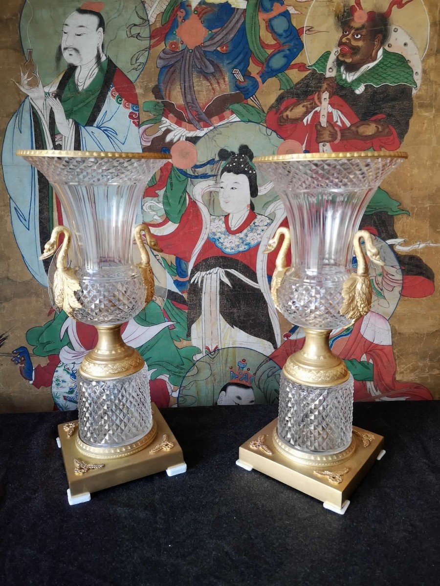 Importante coppia di Vasi in cristallo e bronzo dorato