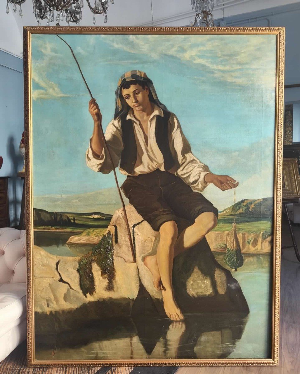 Grande dipinto raffigurante pescatore, Henry Bidauld  Henry Bidauld