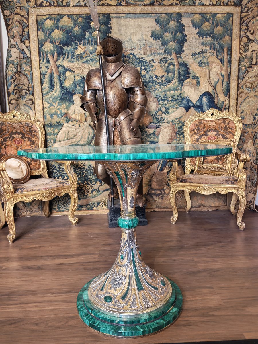 Importante  Tavolo in malachite argento e argento vermeil -photo-2