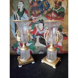 Importante coppia di Vasi in cristallo e bronzo dorato