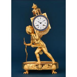 « The Magic Lantern » Antique Empire Gilded Bronze Clock, France, XIX C.