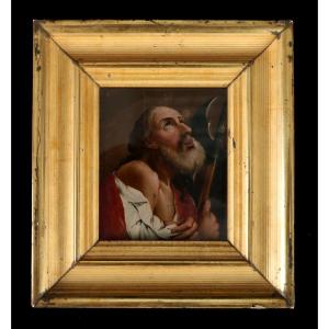 Antique Italian Devotional Painting On Glass Of Saint Simon The Zealot Ca. 1800