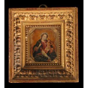 Antique Italian Painting On Copper, 17th Cent. Virgin Of The Rosary And Saint Dominic