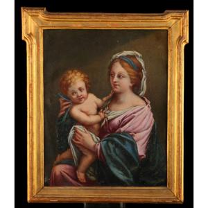 Antique Italian 17th-century Oil On Copper Painting. Virgin And Child