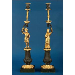Antique Pair Of French Gilt And Patinated Bronze Candlesticks, 19th Century