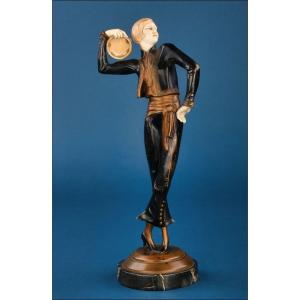 Girl With Tambourine, By Paul Philippe. Art Deco Chryselephantine. Circa 1925.