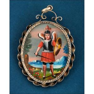 Antique Cusco School Pendant With Saint Michael The Archangel, Circa 1850-80